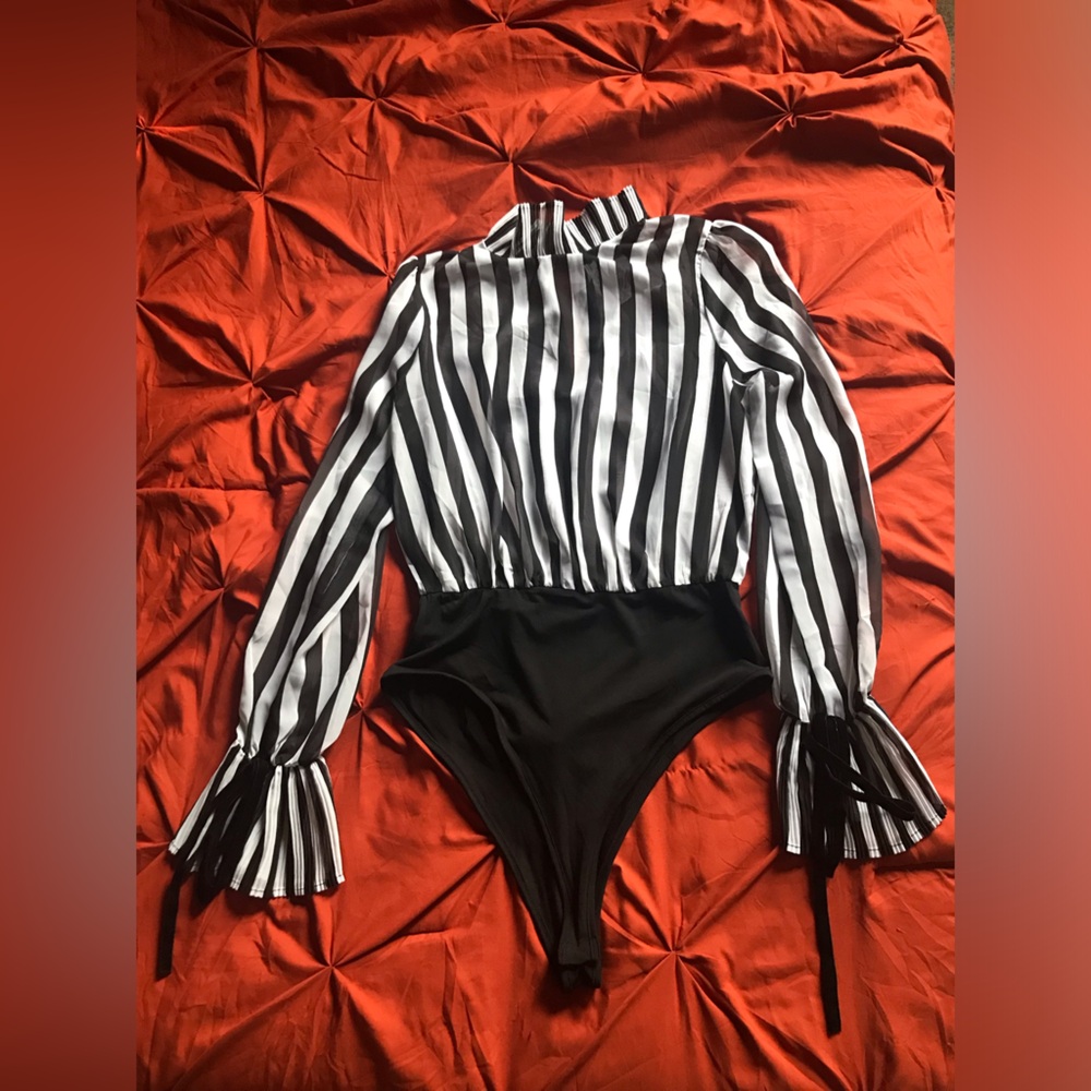 Fashion Nova sheer black and white striped bodysuit